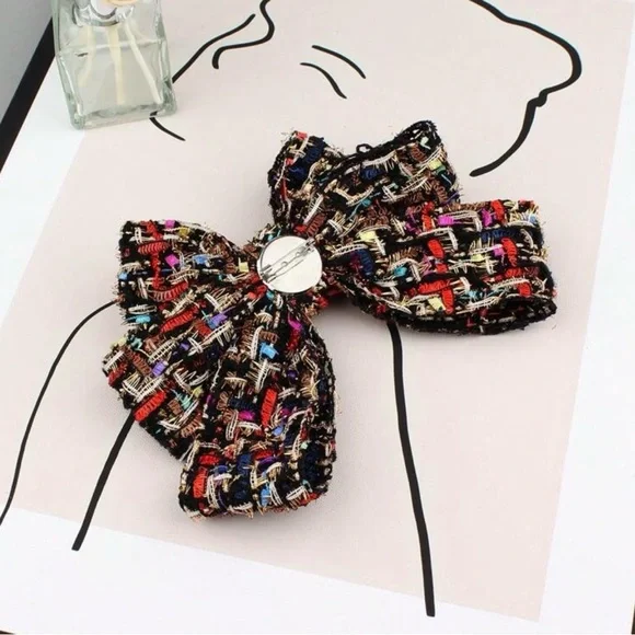 Multicolor Tweed Bow Tie Brooch - Picture 4 of 12